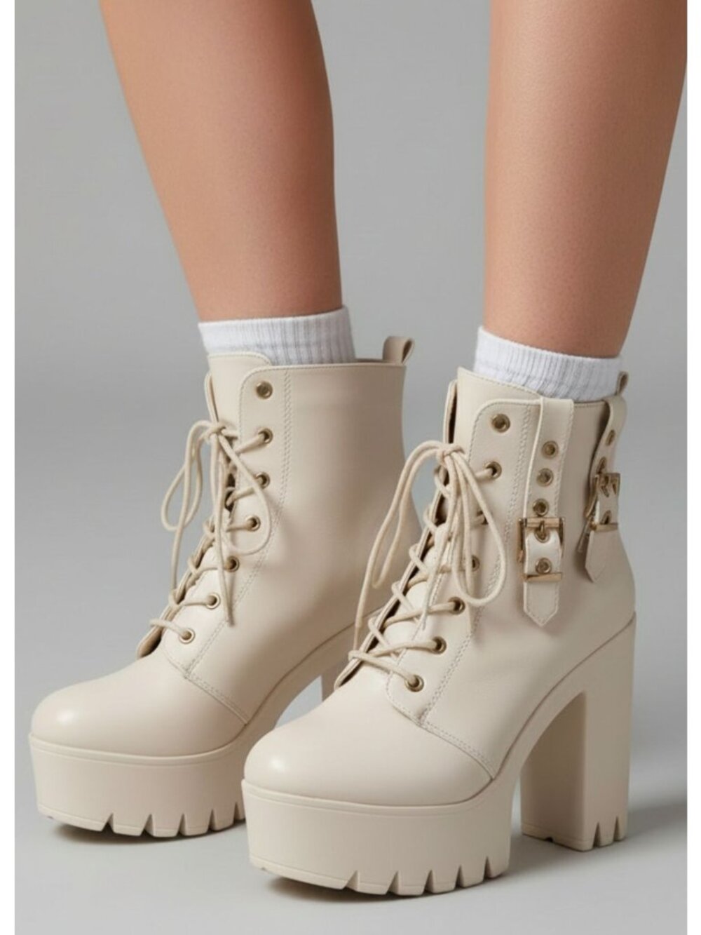 Lace-Up Platform Chunky Heel Ankle Boots With Gold Buckle Detail Faux Leather